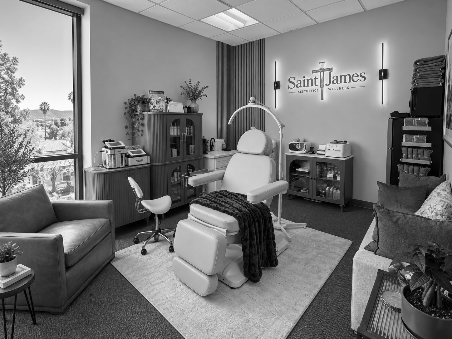 The Saint James Aesthetics & Wellness treatment suite in black and white